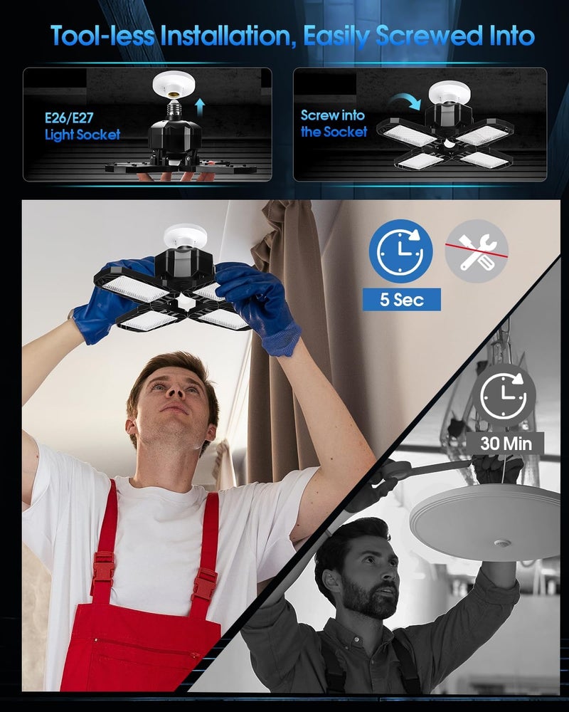 AUDLES Motion Sensor Garage Light, 150W 15000LM 6500K LED Shop Lights, Garage Lights Ceiling Led with 4 Deformable Panels, Screw in E26 Socket Bulb for Warehouse, Workshop, Basement, Barn Lighting - Image 4